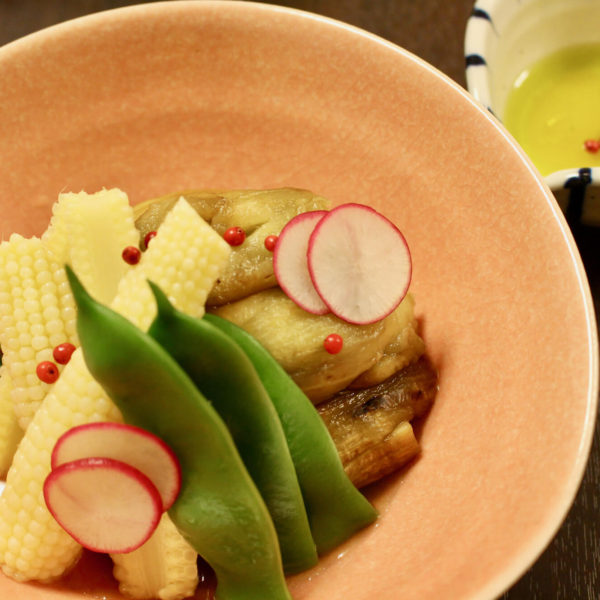 【レシピ】焼き茄子とヤングコーン、モロッコ豆のジンジャーオリーブオイル和え
