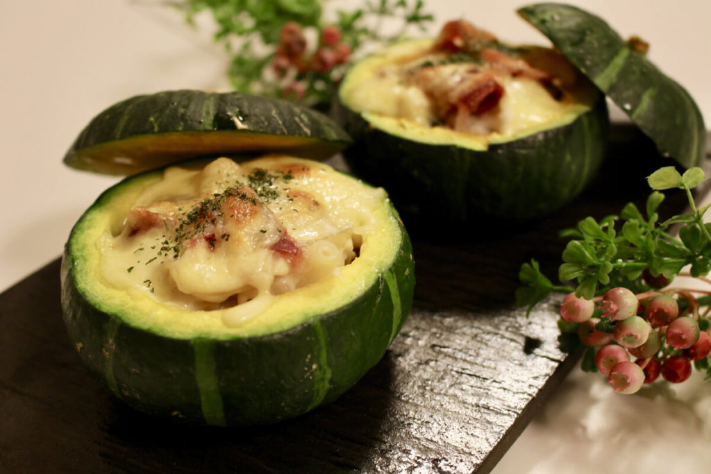 生ハム、坊ちゃんかぼちゃのマカロニグラタンのレシピ_完成