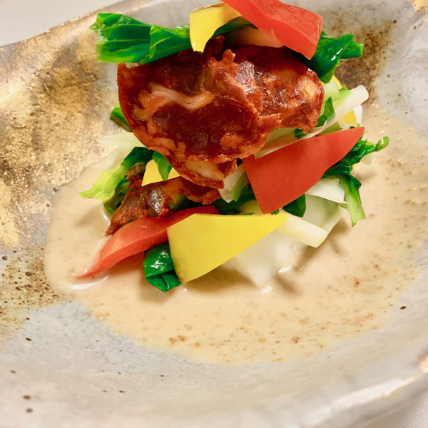 【レシピ】チョリソとうるいの和風ごまドレ和え