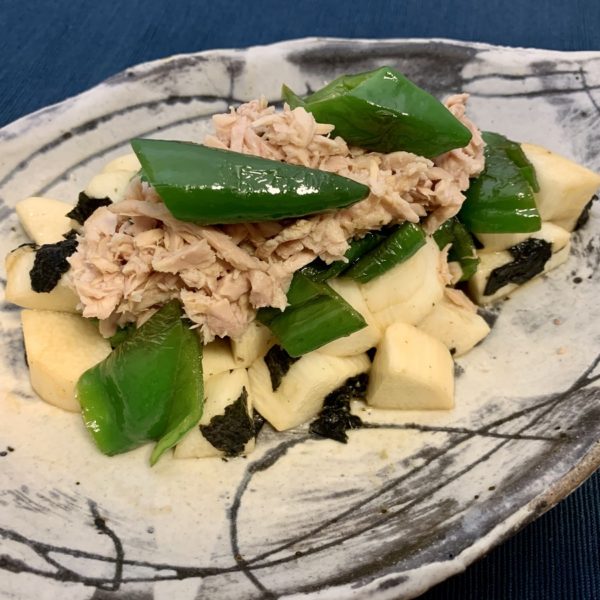 【レシピ】オリーブ香る焼き甘長唐辛子と長芋のシーチキン和え